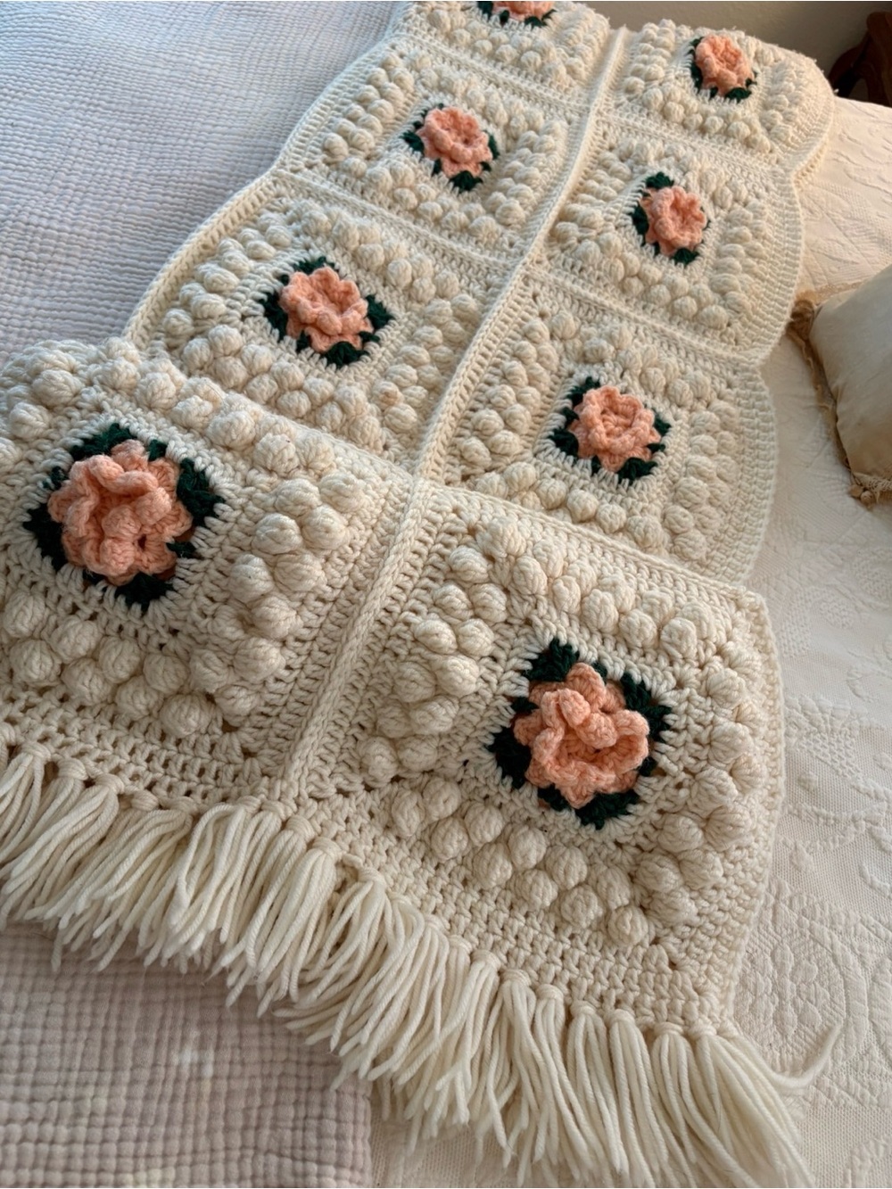 Handmade Cream Crochet Blanket with Peach Floral Squares